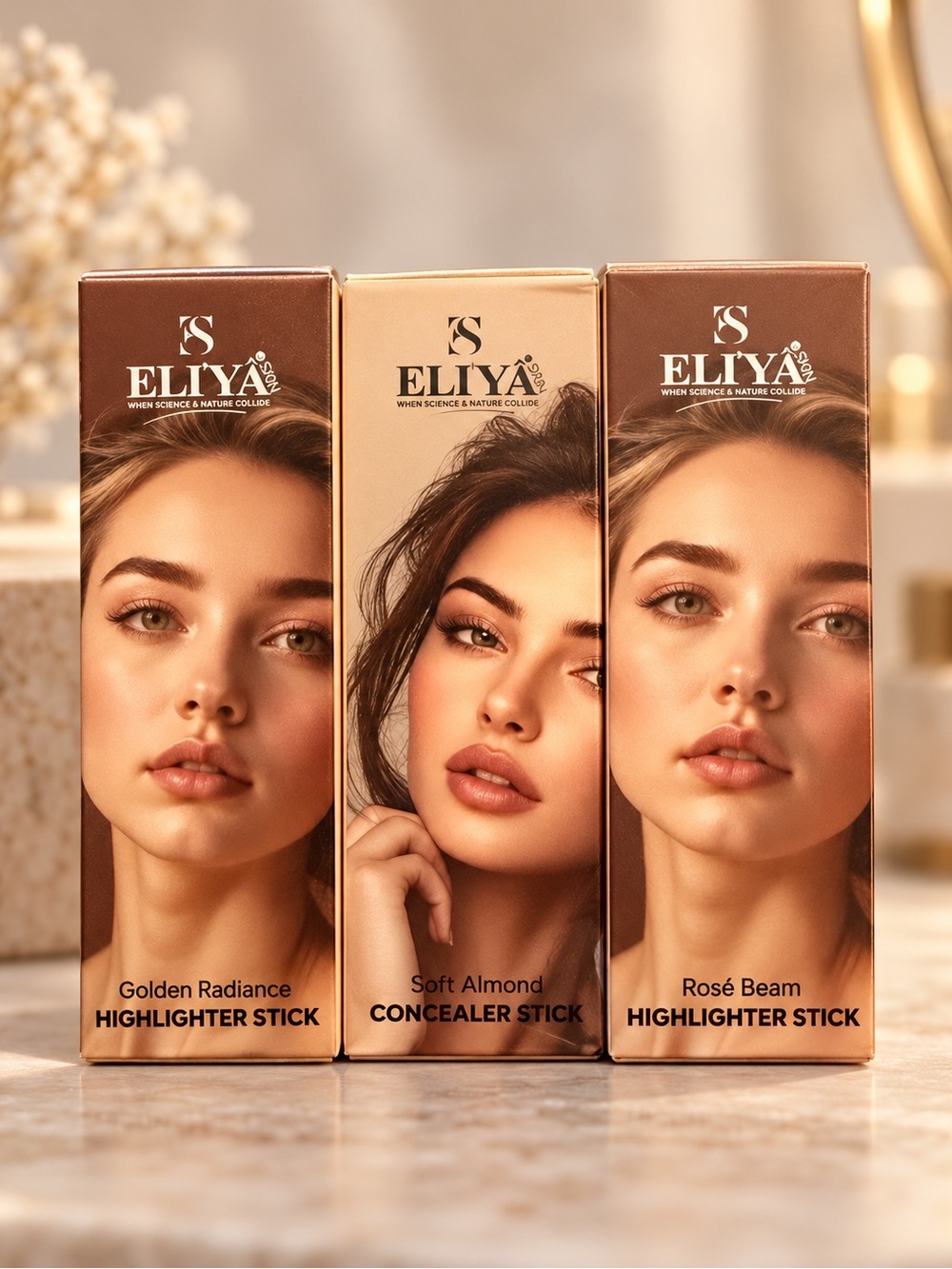 Highlighter & Concealer Stick Set - Golden Radiance, Soft Almond, Rosé Beam